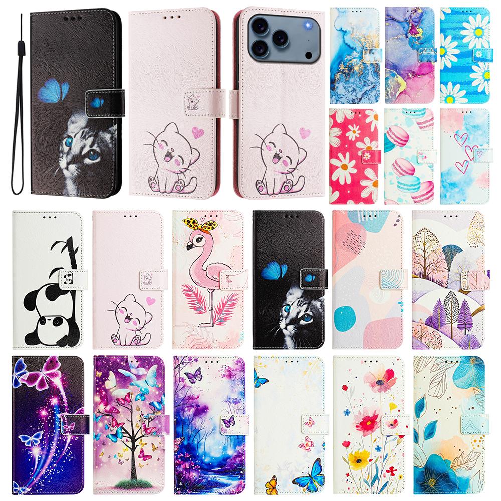 Цветной кошелек-чехол с рисунком для iPhone 17 Air 16 Plus 16E 15 Pro Max, роскошный, ударопрочный, с подставкой, держателем для карт, книжка-чехол