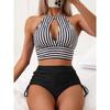 2025 Halter High Waist Bikinis Striped Swimsuit Women Hollow Out Swimwear Female Bathers Bathing Swimming Swim Suit Beachwear