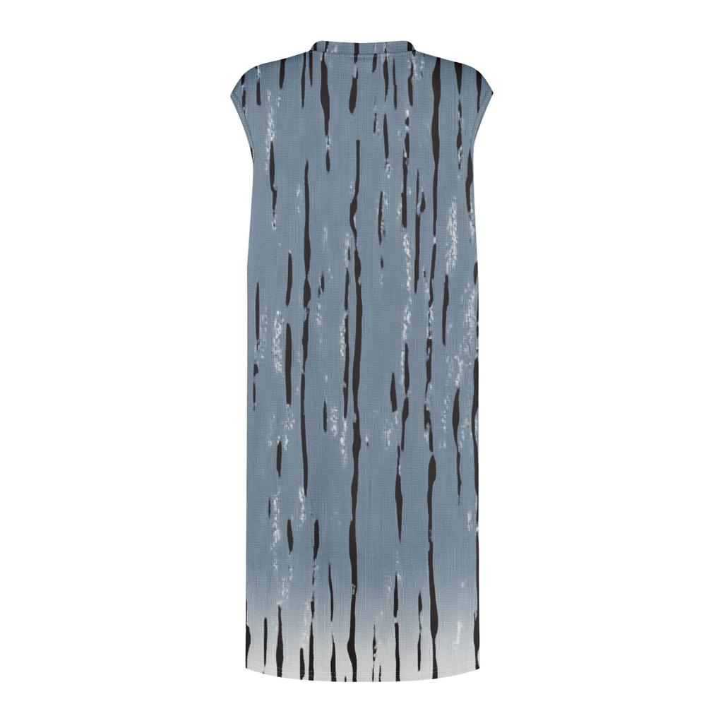 Женское повседневное и модное платье средней длины с круглым вырезом и без рукавов с принтом