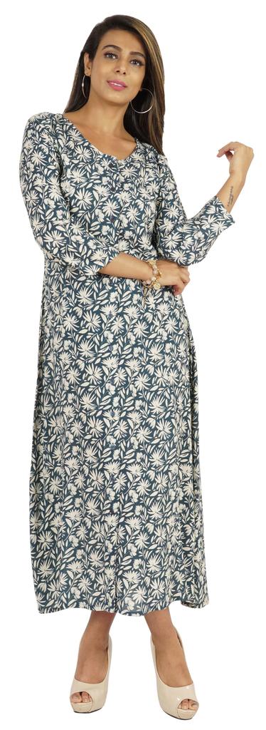 Bimba Printed Maxi Dress For Women Front Button Placket Ethnic Dress Casual Rayon