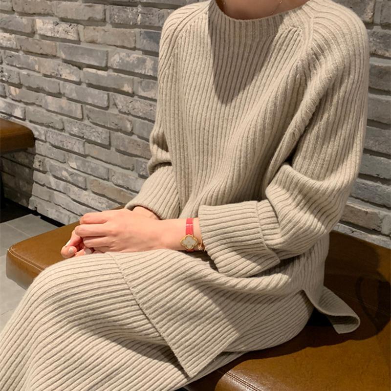 Осень-зима, женские комплекты из 2 предметов, вязаный спортивный костюм, свитер с круглым вырезом и широкие спортивные штаны, пуловеры, костюмы