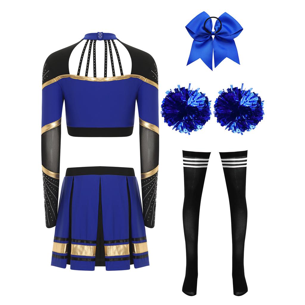 Women Cheerleading Performance Dance Outfit Long Sleeve Mock Neck Rhinestones Crop Top Pleated Skirt Hair Tie Set