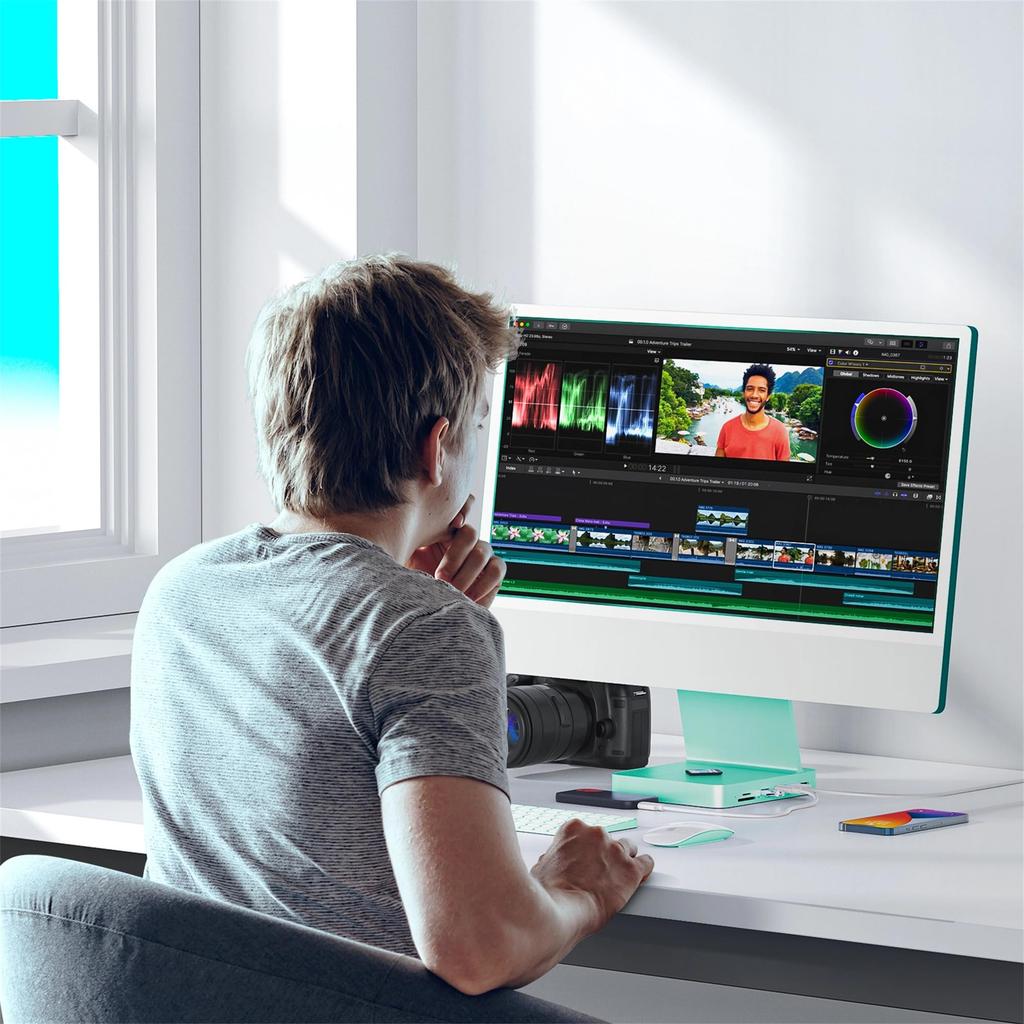 PULWTOP 7-в-1 USB-C хаб для iMac 24 дюйма Аксессуары для iMac USB-хаб со слотом для NVMe SSD Не 1 x Gen 1 x Gen 2 x Кардридер Зеленый 2021/2023 M1/M3 M.2