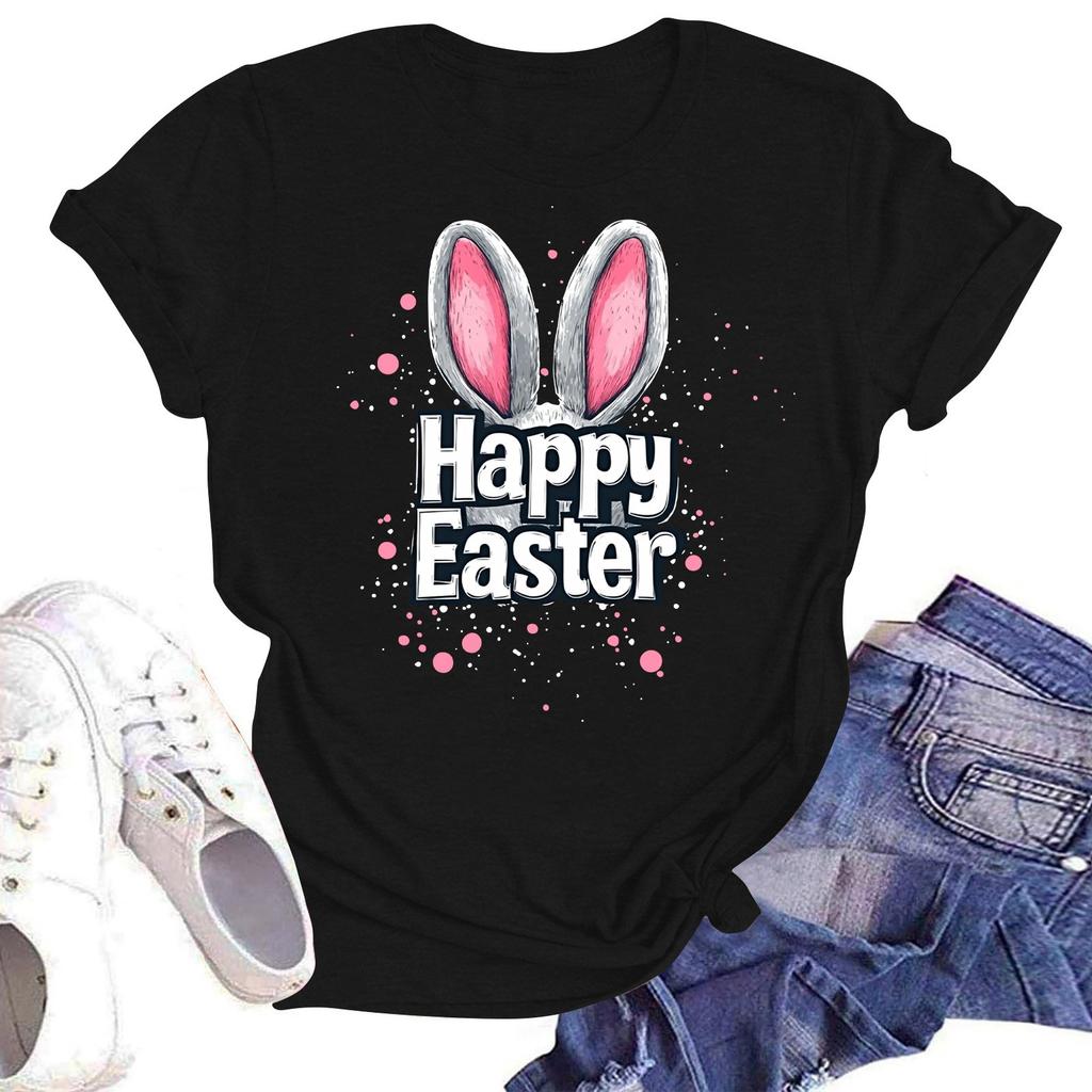 Happy Easter Women's Fashion Printed Round Neck Short Sleeve T-Shirt Pullover Top