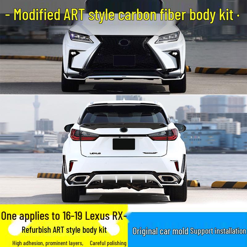 Совместимо с Lexus RX 2016-2019: передние/задние губы, боковые юбки, нижняя губа, пластиковые накладки на крылья, крыша ART, заднее антикрыло и канард.