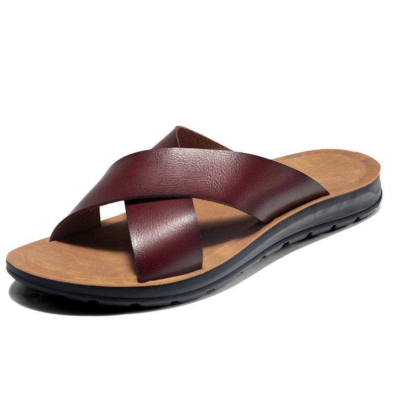 Fashion Men Shoes Italian Leather Slippers Men Beach Summer Shoes High Quality Big Size 38-47 Slip On Flats Male Flip Flops Mens Sandals