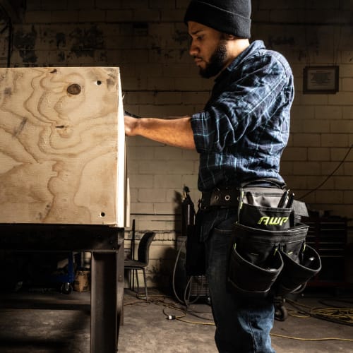 AWP Carpenter Tool Rig Premium Tool Belt with Carry Handle, Air Mesh Padded Belt, Fits Waist Up To 50 Inches, Black