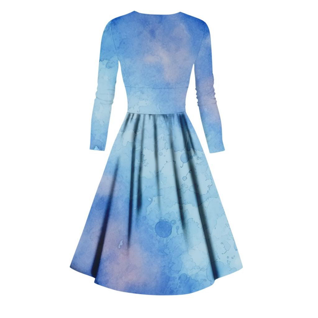 Женская мода повседневное платье с длинным рукавом и v-образным вырезом с принтом и карманами