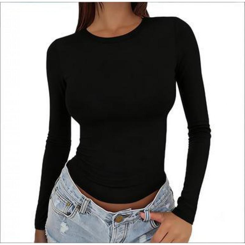 Womens Basic Long Sleeve T-Shirt Round Neck Slim Fit Casual Top