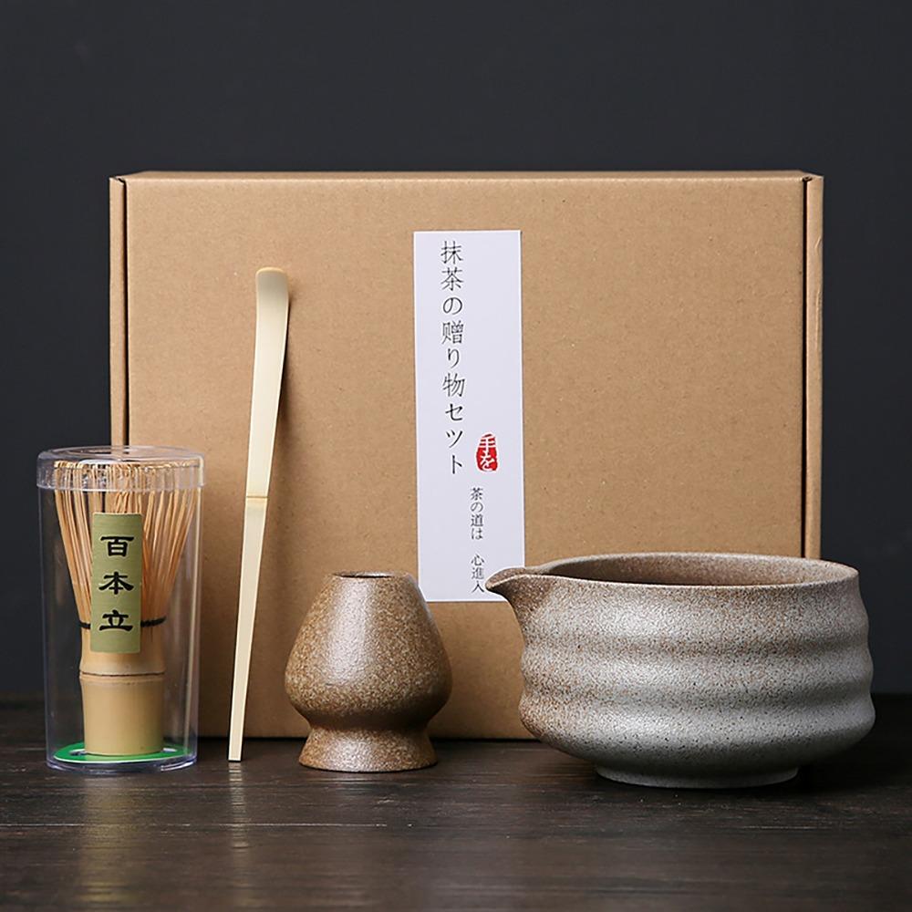 4PCS Food Grade Japanese Matcha Tea Set Bamboo Ceramic Japanese Chasen Matcha Whisk Set Stirring