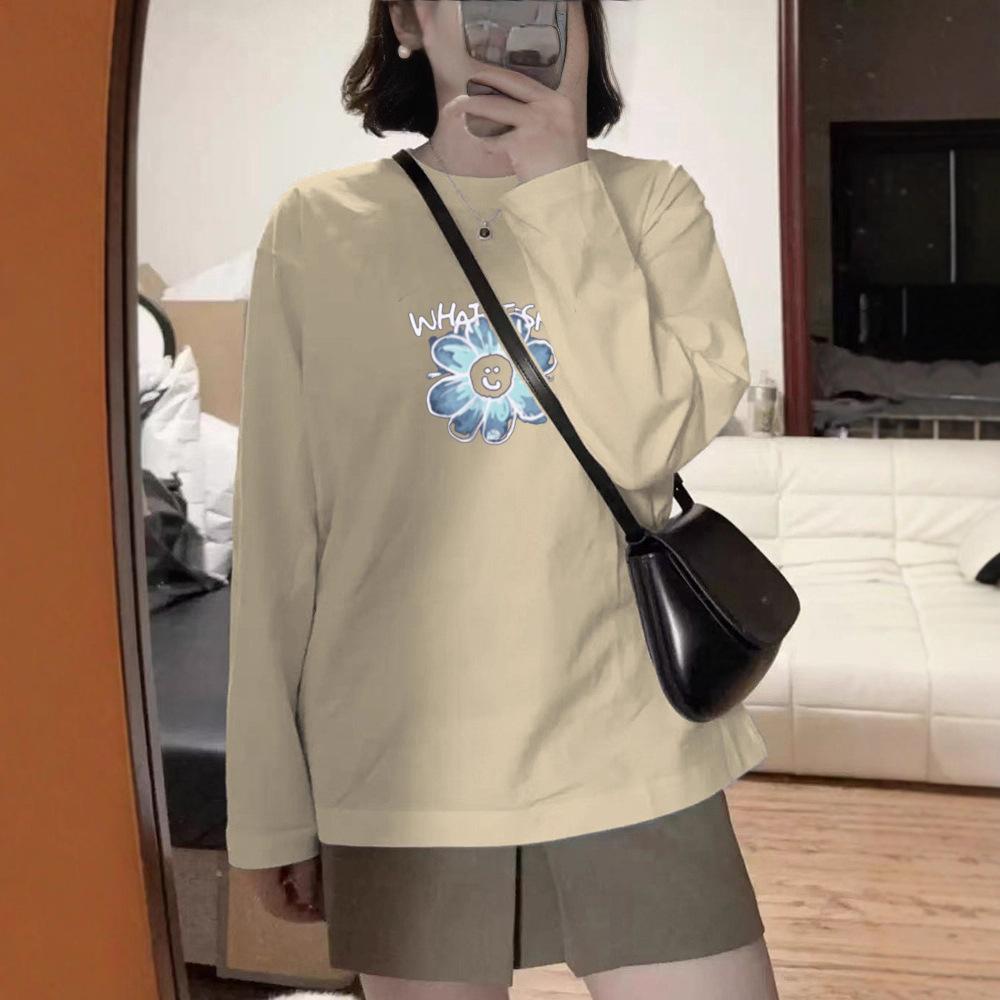 Женская весенне-осенняя футболка с длинным рукавом, круглым вырезом, оверсайз, свободная, с цветочным принтом, пуловер, топ для многослойности