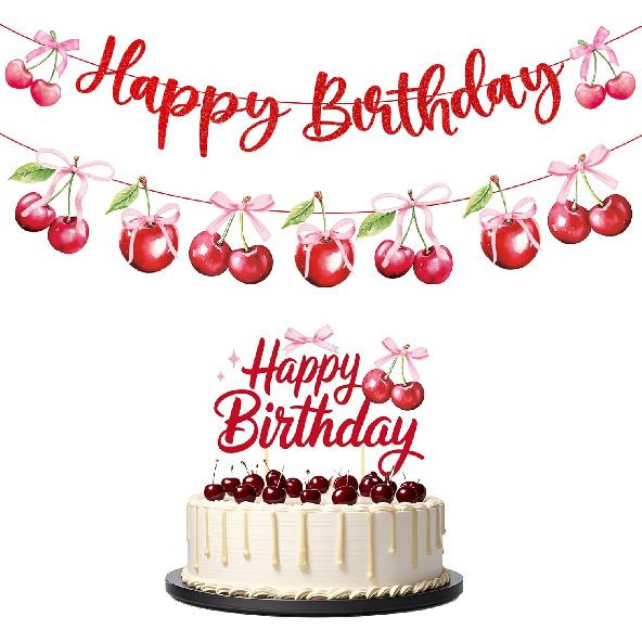 Cherry Birthday Party Decorations - Cherry Themed Banners Decoration Pink Bow Fruit Cake Topper Decor Supplies for Girls Women