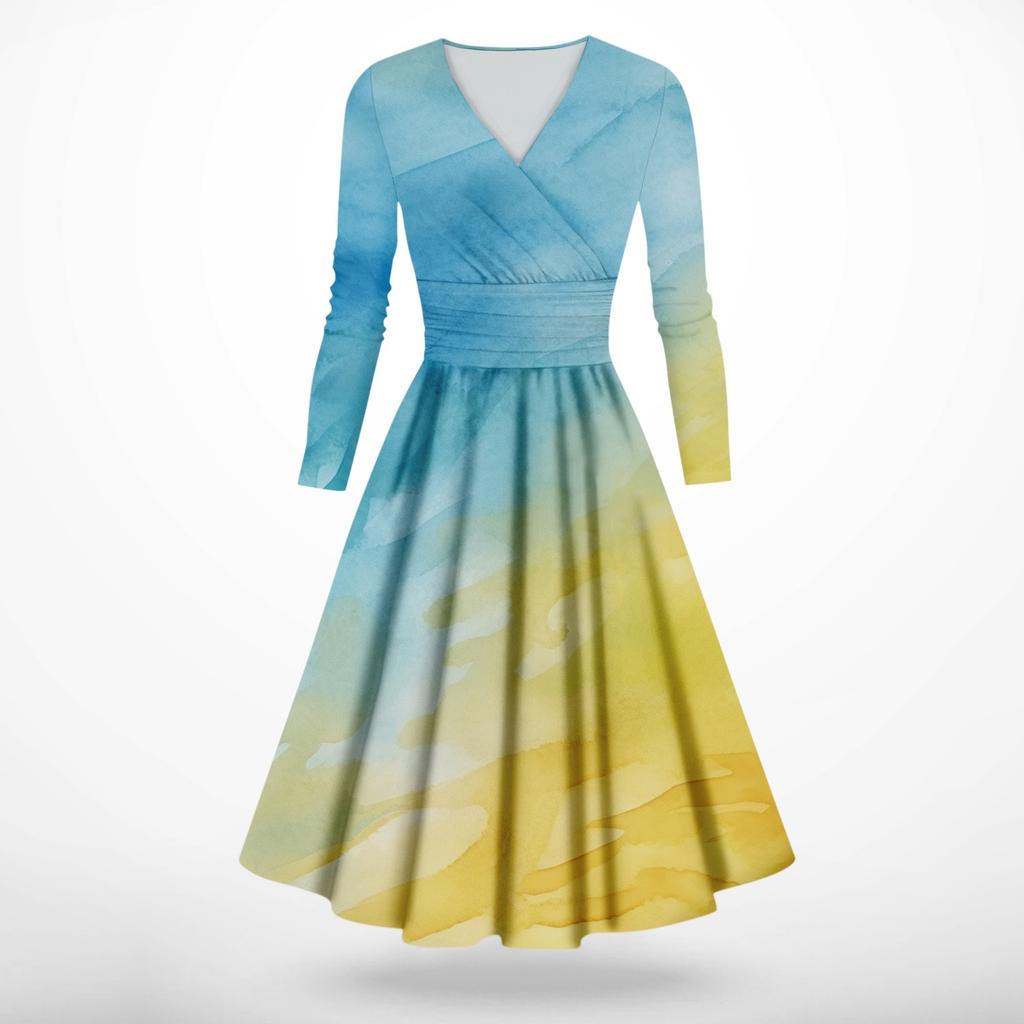 Женская мода повседневное платье с длинным рукавом и v-образным вырезом с принтом и карманами