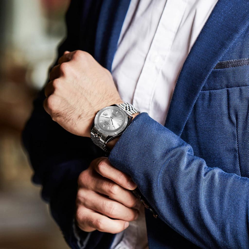 Часы Автоматические Водонепроницаемые Аналоговые Механические Серебряные Часы Популярные Бизнес Дата Бренд Наручные Часы Простые Повседневные Светящиеся Часы [BUREI] Мужские Мужские