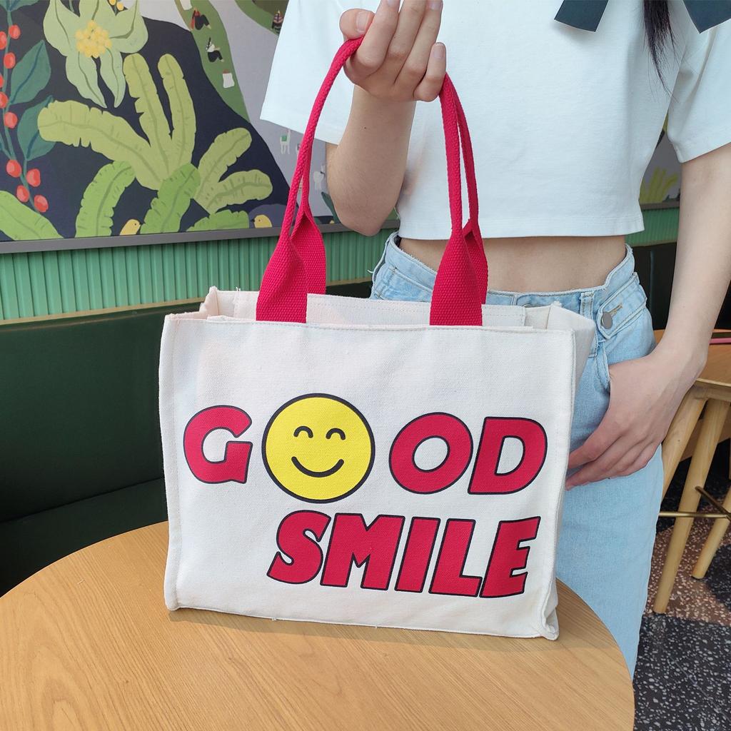 Модная большая холщовая сумка женская новая симпатичная сумочка литературная и универсальная маленькая квадратная сумка с изображением смайлика