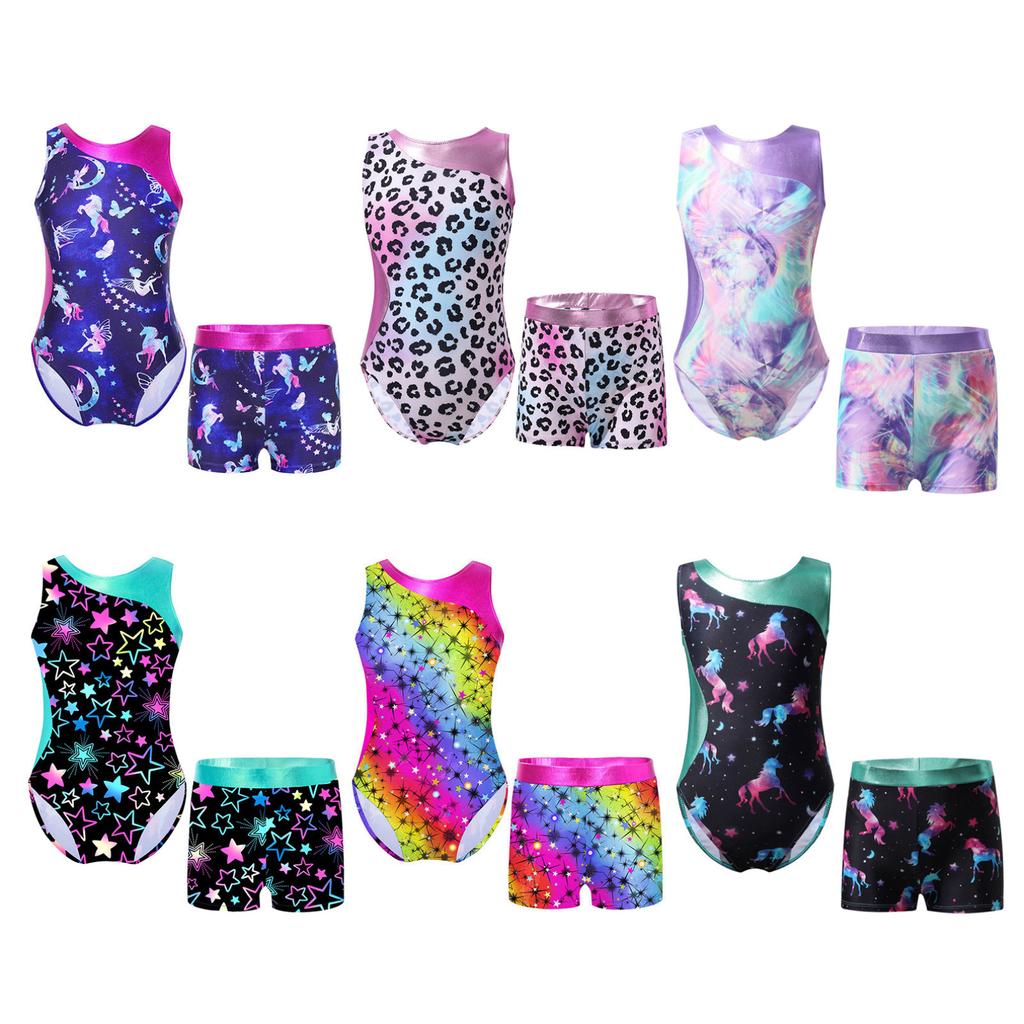 Детские спортивные комплекты для гимнастики, йоги, танцев для девочек, нарядный купальник с принтом и шорты, танцевальная одежда, наряды
