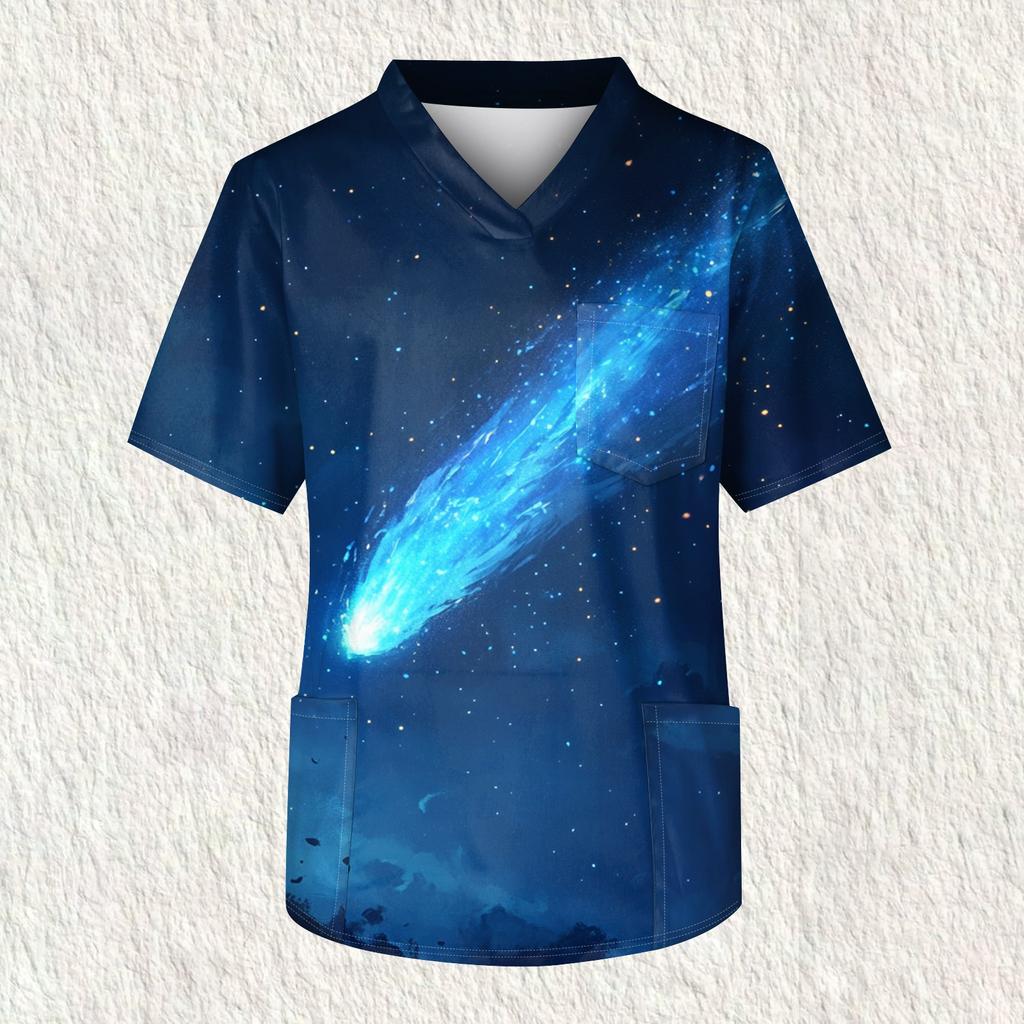 Мужская рабочая блузка с короткими рукавами и v-образным вырезом с принтом, топ с нагрудным карманом