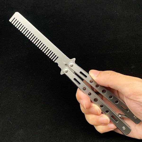 1pc Foldable Comb Stainless Steel Practice Training Butterfly Knife Comb Beard & Moustache Brushes Hairdressing Styling Tool