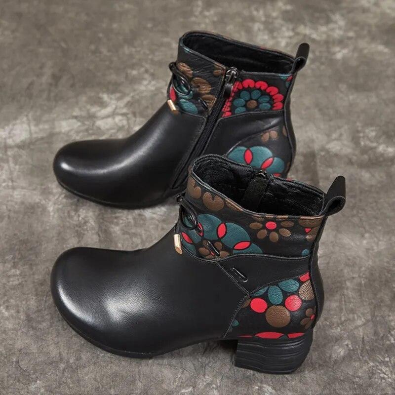 Johnature Зимние теплые короткие сапоги, непромокаемая женская обувь из натуральной кожи в этническом стиле на толстом каблуке и мягкой подошве