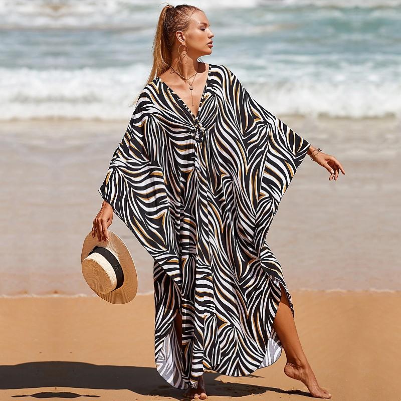 EDOLYNSA Sexy Striped Bikini Cover-ups Casual V-neck Side Split Summer Beach Dress Women Beach Wear Swim Suit Cover Up Q1297