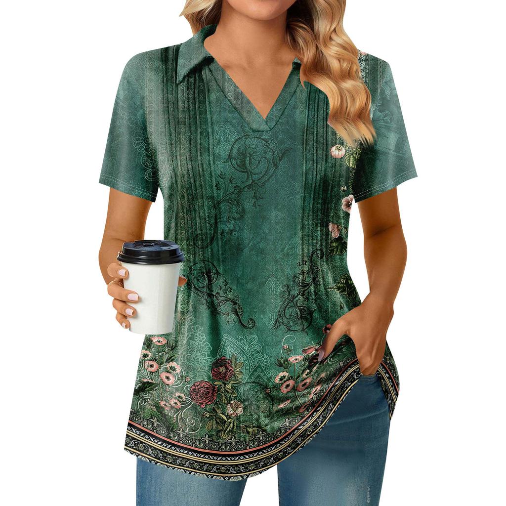 Womens Short Sleeve T Shirts Pleated V Neck Printing Tee Collared Summer Tops Fashion Business Casual Work