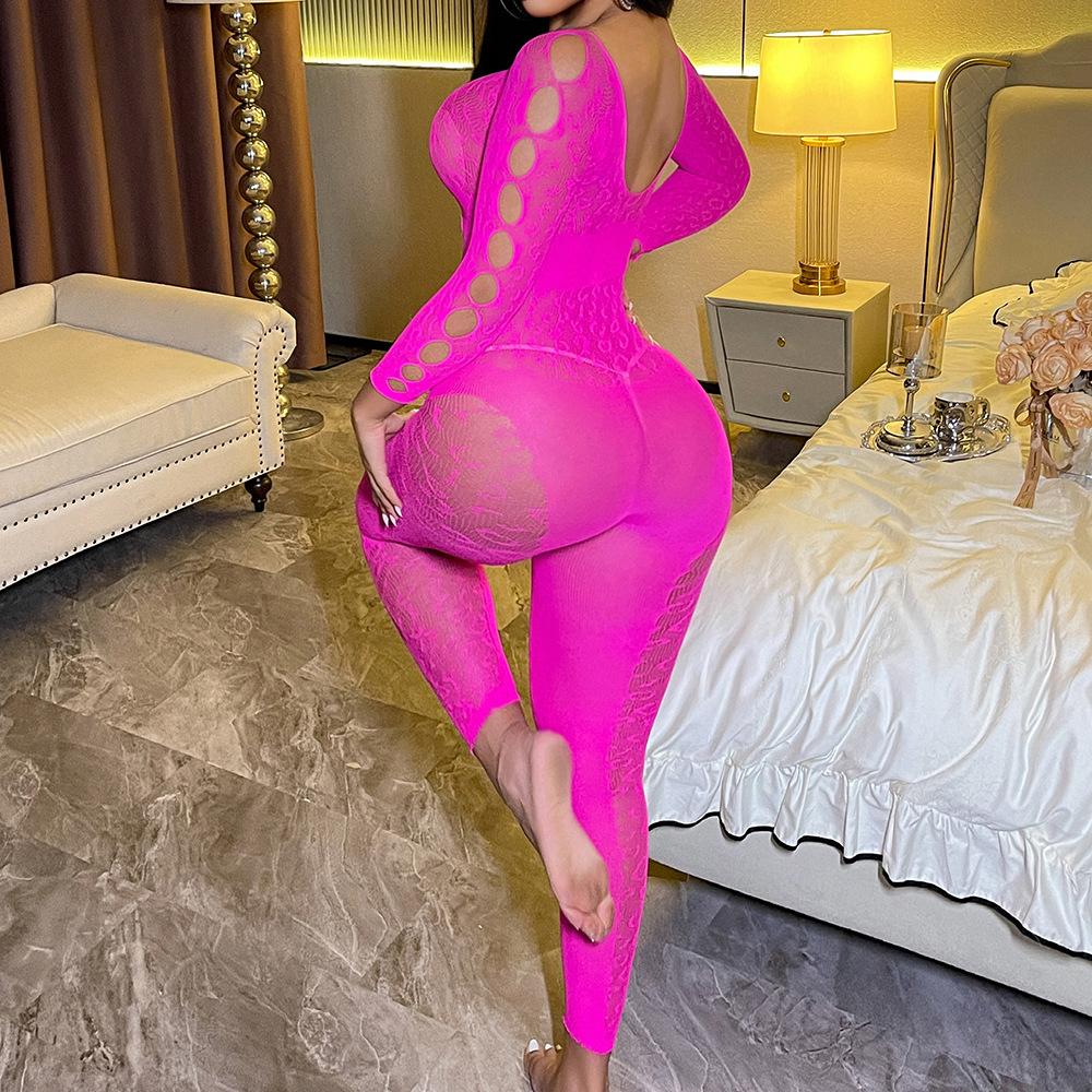 Sex Underwear Long Sleeve Rose Red Halter Jacquard Mesh Sexy Hollow One-Piece Tights