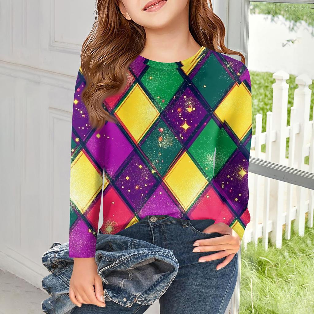 Футболки с длинным рукавом для девочек, детские осенние топы, с круглым вырезом, с принтом, базовые футболки