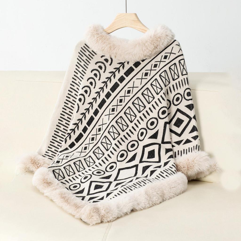 Осень и зима Женский принт Свободный рукав летучая мышь Cross Border Плащ Кардиган Трикотаж Свитер с воротником-стойкой