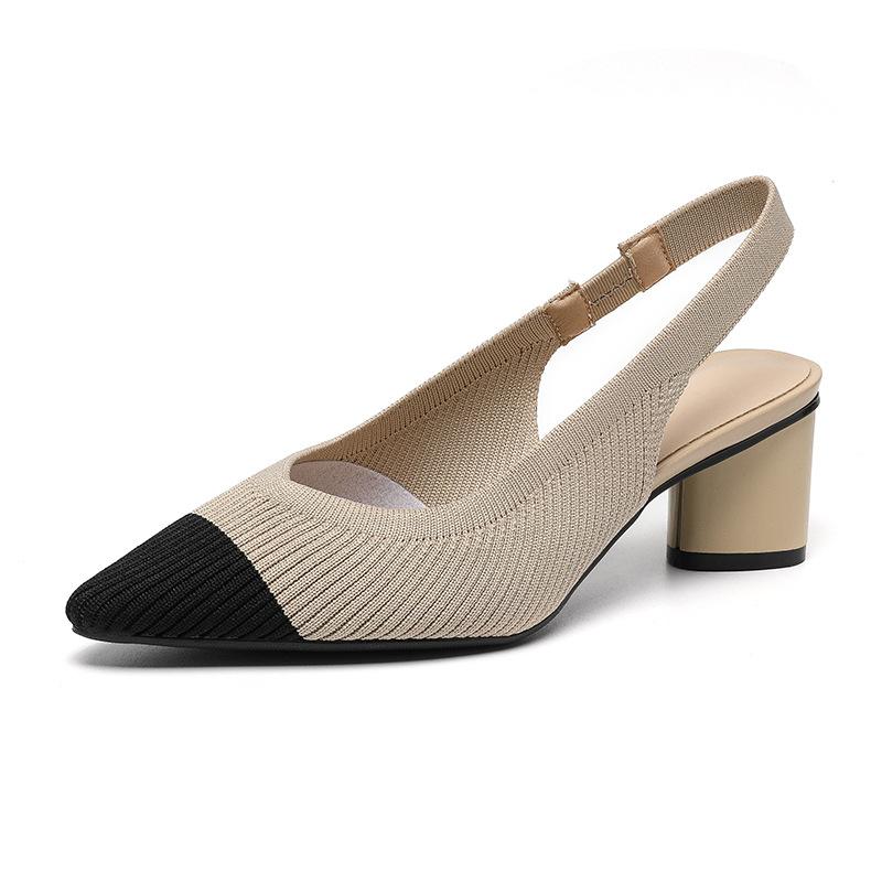 2024 Новые женские босоножки на толстом каблуке, летние вязаные босоножки с острым носком и эластичным ремешком на высоком каблуке, модные однотонные босоножки с открытой пяткой 34-43