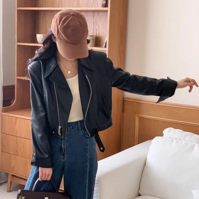 Стильная короткая мотоциклетная куртка кофейного цвета, женская куртка из искусственной кожи с дизайнерским смыслом