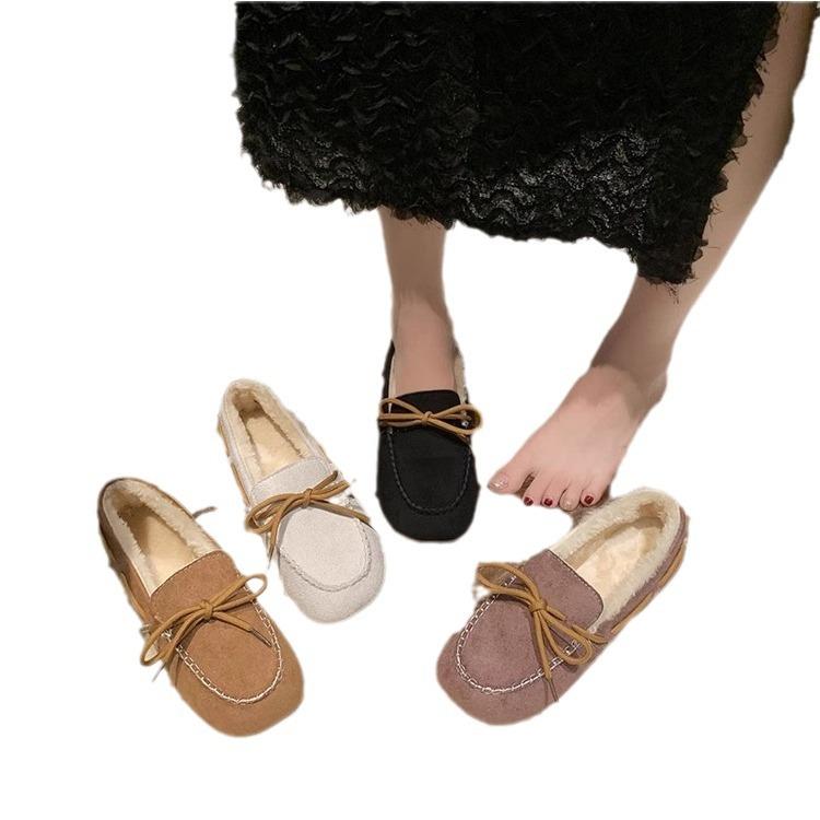 Туфли дуду женские осенне-зимние бархатные 2025 новые меховые цельные универсальные на плоской подошве с толстой подошвой на одном педале волосатые женские туфли