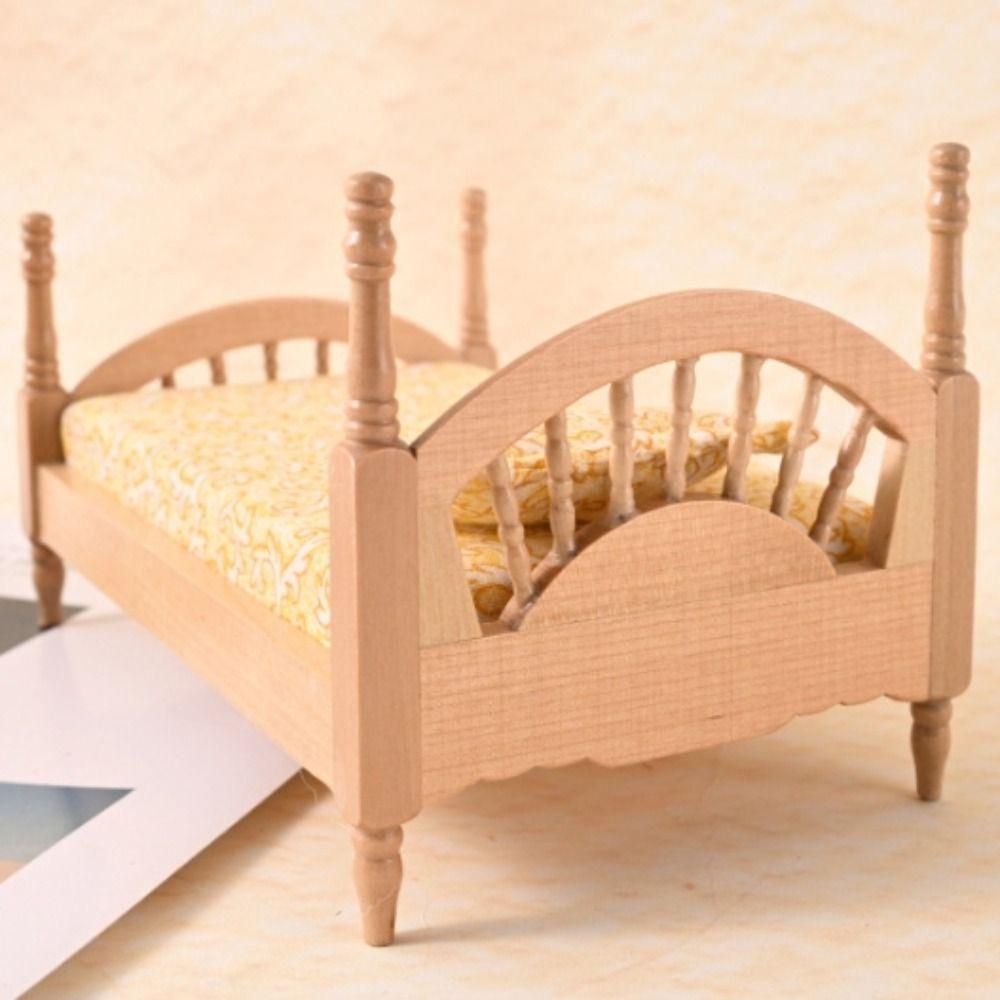 Bedroom Dollhouse Wood Bed 1:12 Simulation Single Bed Miniature Wood Bed  Pretend Play