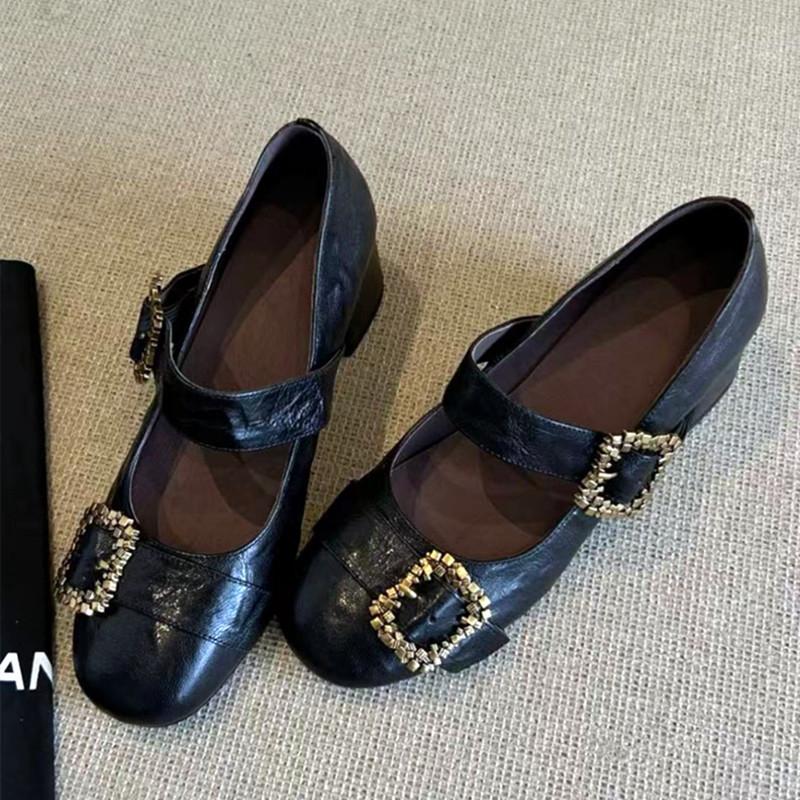 Fashion Chunky High Heel Mary Jane Shoes Women Luxury Metal Belt Buckle Design Black Loafers for Women Round Toe Leather PU Lolita Shoes