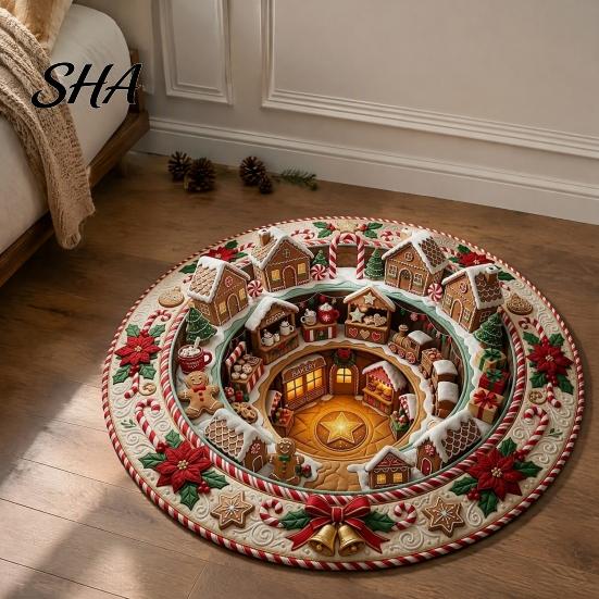 Soft Crystal Velvet Carpet Round Christmas 3D Rug, Optical Illusion Area Santa Claus Gnome Quilted-Like Comfortable Barefoot Floor Mat Anti-slip