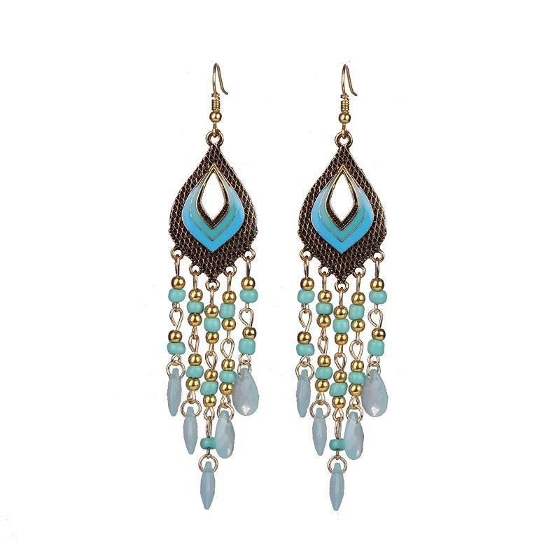 Vintage Ethnic Long Water Drop Tassel Earrings for Women Boho Colorful Hollow Flower Rhinestone Crystal Dangle Earrings