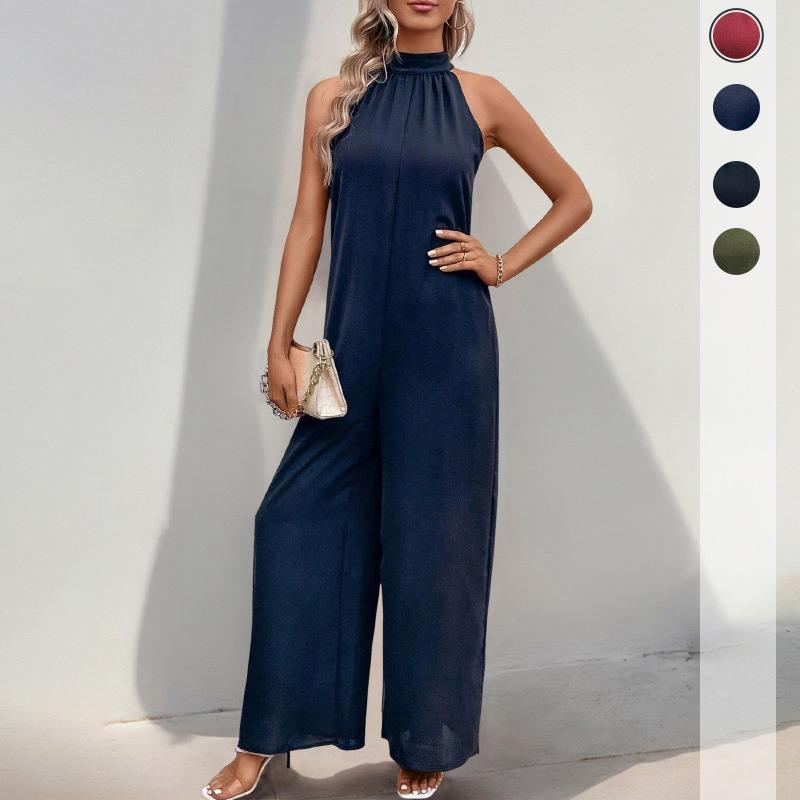 Women's New Party Casual Jumpsuit High Neck Hanging Neck Solid Colour Wide Leg Jumpsuit Trousers