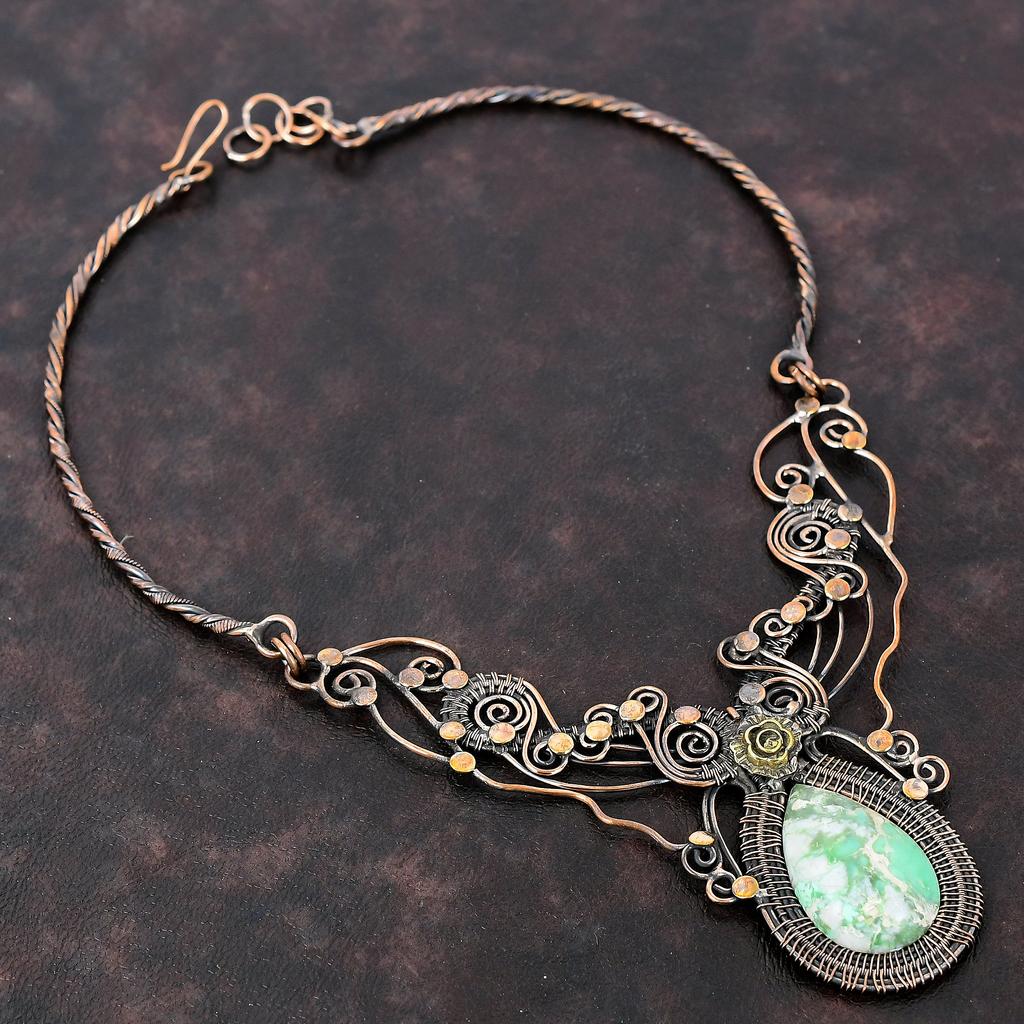 Variscite Gemstone Necklace Copper Wire Wrapped Necklace Adjustable Necklace Copper Jewelry Handmade Necklace Wire Wrap Jewelry Gift For Her