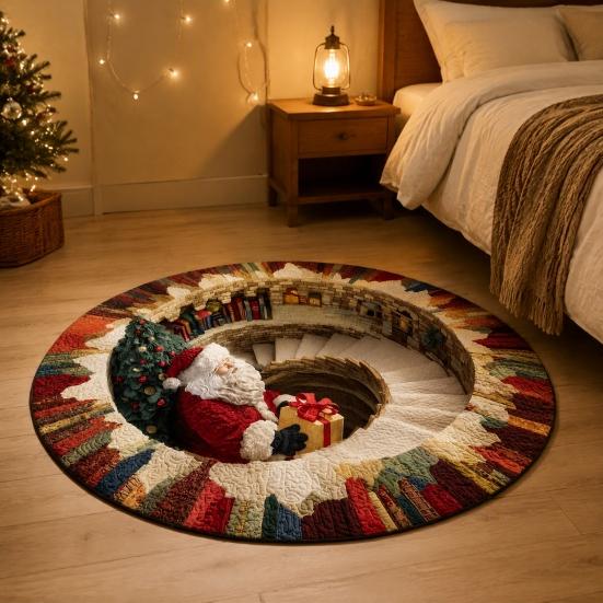 Non Slip Holiday Floor Mat Christmas Round Area Rug, 3D Optical Illusion with Santa Candy Cane Comfortable Study Room Print, Non-Slip Stain Resistant