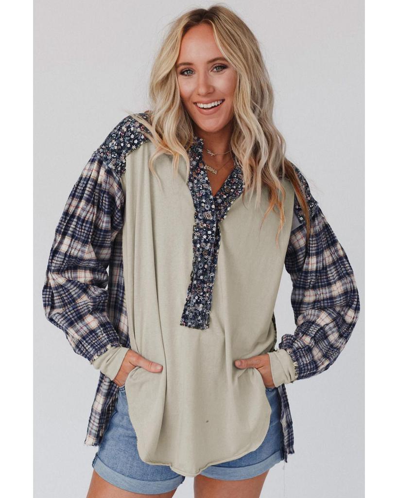 Azura Exchange Blue Floral Plaid Mixed Print Bishop Sleeve Patchwork Top