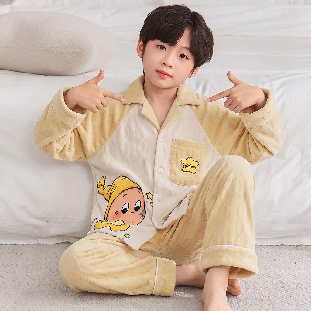 Kids Flannel Pajamas Set Boys Girls Warm Long Sleeve Top And Pants Sleepwear Winter Home Nightwear