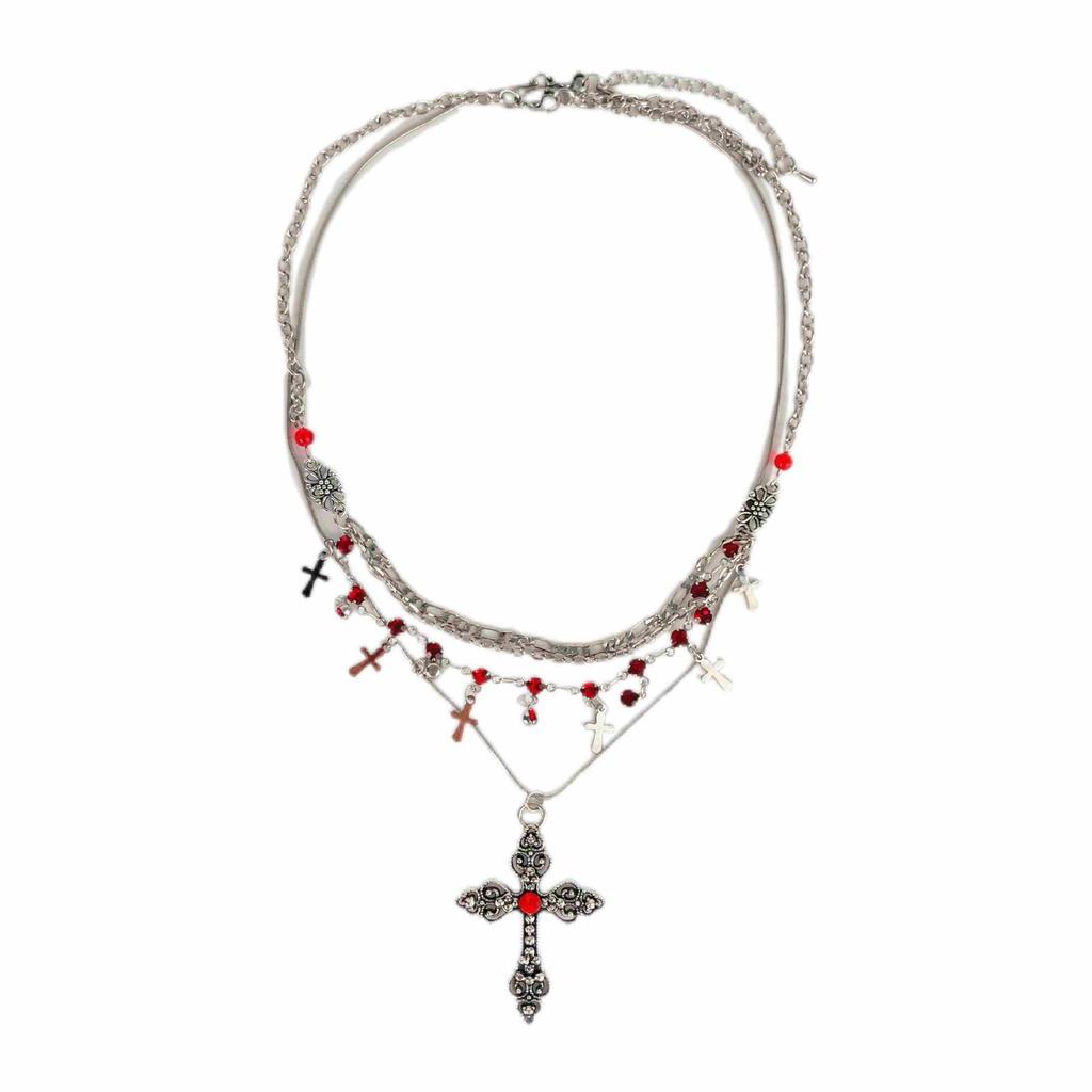 Gothic‑Style Women Multi‑Layer Stacked Collarbone Chain, Niche‑Vintage Accessories With Cross Pendant And Tassel Design Details