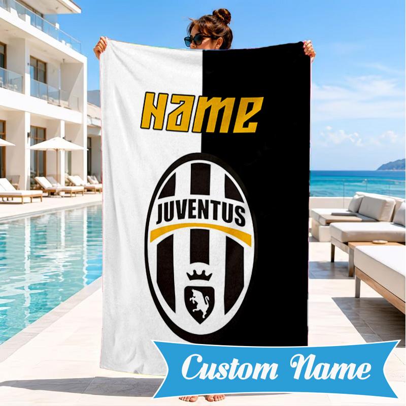 Custom Name Beach Towel Juventus FC Crest Design Microfiber Beach Towel, Lightweight for Summer Travel, Swimming Pool Fan Birthday Gift
