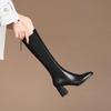 Women's Boots Black Fashion Patchwork High Heels 35-43 Large Square Toe Knee-High Boots Middle Heels Rear Zipper Women Shoes