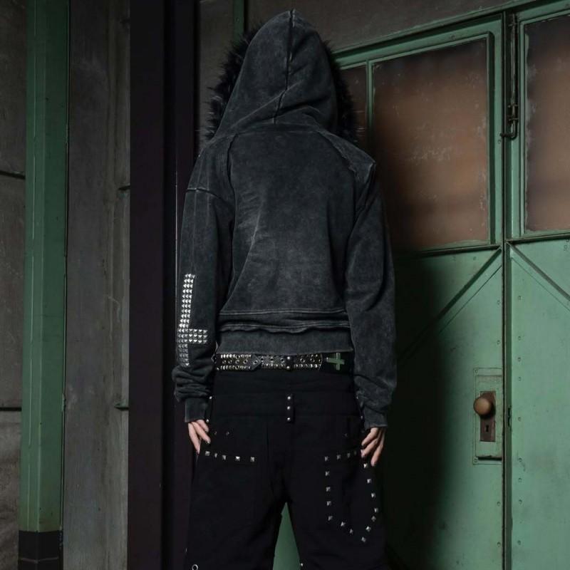 Oversized Hooded Sweatshirt With Cross Print Faux Fur Trim Zipper Front Streetwear Punk Style Women