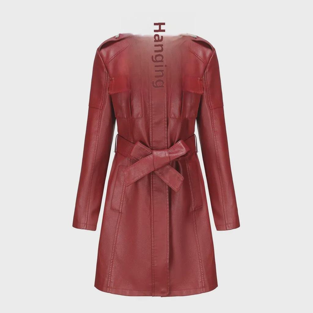 Женская кожаная куртка средней длины с поясом — стильная британская ветровка на весну/осень