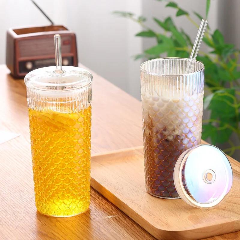 Fish Scale Pattern Cover Band Straw Glass Summertime Cold Water Bottle Milk Tea Cup High Appearance Level Juice Glass Coffee Cup