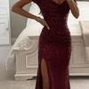 Women's Sequin Prom Dress with Slit Sparkly Off Shoulder Gown Formal Mermaid Evening Party Maxi Dress