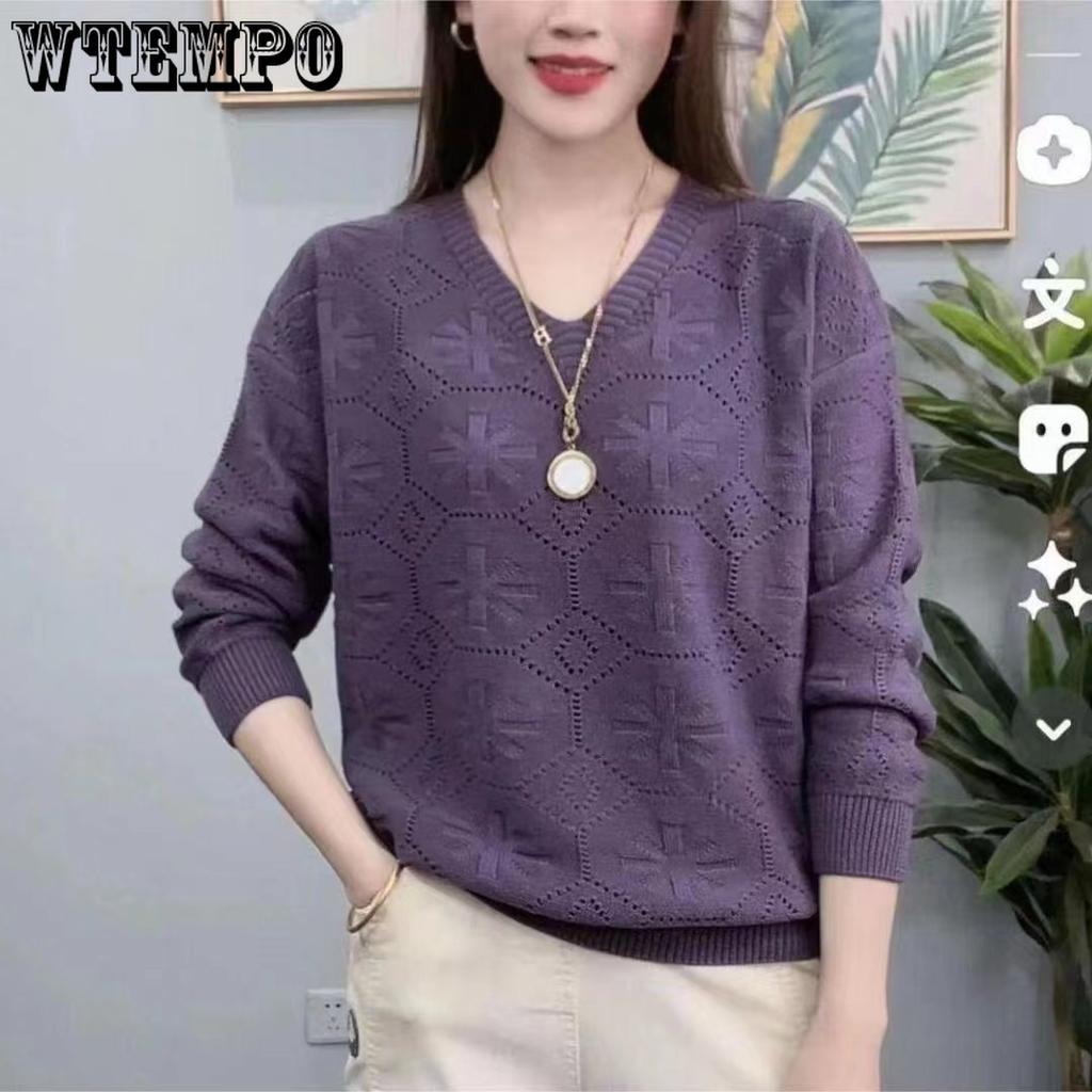 Spring and Autumn New Sweater Knitwear Hollow V-neck Versatile Fashion Loose Bottom T-shirt Small Shirt Women's Casual Solid Color