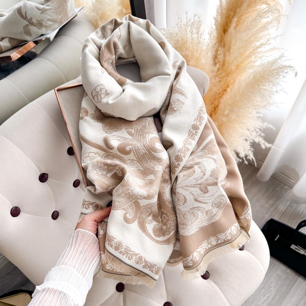 Autumn Winter  Elegant Floral Design Scarf Imitation Cashmere Soft Warm Versatile Shawl Coldproof Windproof Blanket