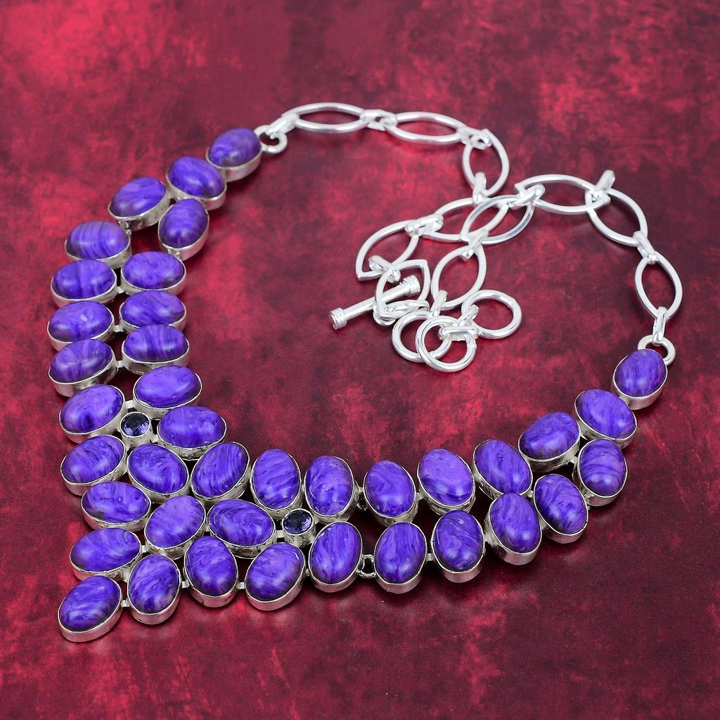 Charoite Handmade Gemstone Necklace, 925 Solid Sterling Silver Necklace Antique Jewelry, For Engagement Gift